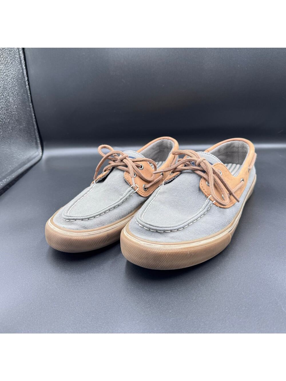 Sperry Top-Sider Bahama 2-Eye Gray Salt Wash Canvas & Leather Boat Shoes Mens 10